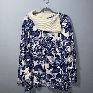Chico’s Women’s Blue Floral Long Sleeve Roll High Collar Sweater Size 3 (XL) EUC